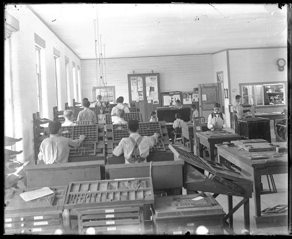 Students working in the print shop (left side), c.1885