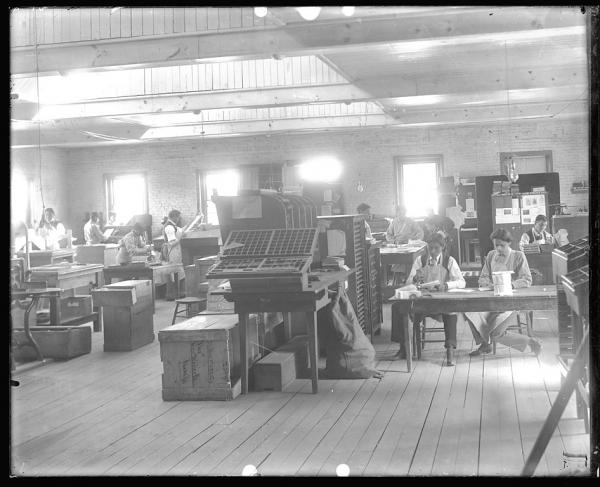 Students working in the print shop, c.1880