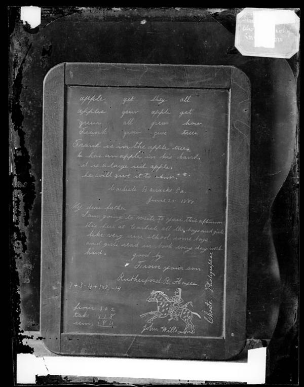 Slate showing student work with names R. B. Hayes and John Williams [version 1], 1880