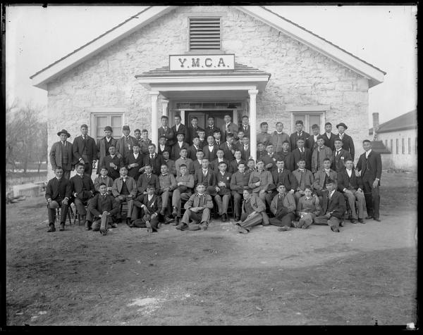 Large group of male students in front of YMCA building [version 1], 1892