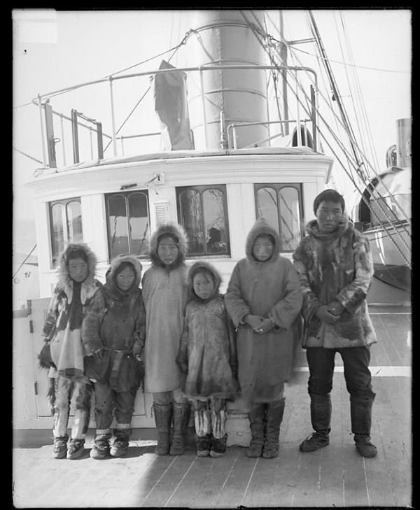 Six Alaskan students aboard a ship  [version 1], 1897