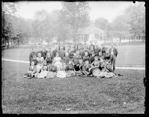 T.J. Morgan, Commissioner of Indian Affairs, with Richard Henry Pratt and teachers [pose 2], c.1890