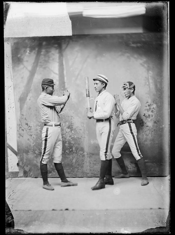 Jonas Place, Morgan Toprock, and Robert Penn in baseball poses, c 1887