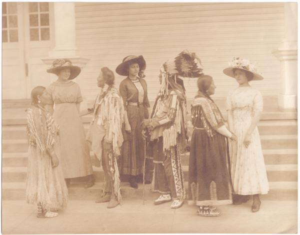 Jeanette Pappin, Clemence Le Traille and Blanche Jollie with Blackfeet Indian Visitors [version 1], 1913