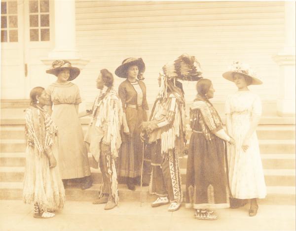 Jeanette Pappin, Clemence Le Traille and Blanche Jollie with Blackfeet Indian Visitors [version 3], 1913