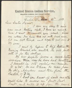 Letter from Richard H. Pratt to Cornelius R. Agnew, December 11, 1883