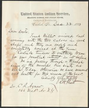 Letter from Richard H. Pratt to Cornelius R. Agnew, December 22, 1883