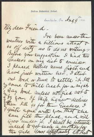 Letter from Richard H. Pratt to Cornelius R. Agnew, August 9, 1886