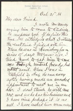 Letter from Richard H. Pratt to Cornelius R. Agnew, October 21, 1886