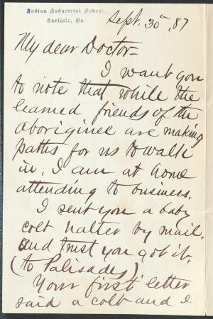 Letter from Richard H. Pratt to Cornelius R. Agnew, September 30, 1887