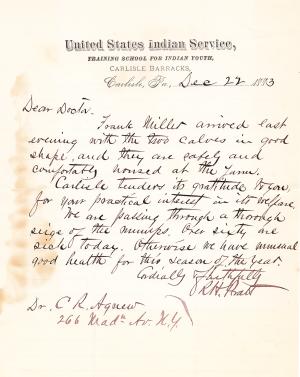 Letter from Richard H. Pratt to Cornelius R. Agnew, December 22, 1883