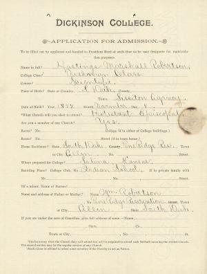 Application for Admission to Dickinson College--Hastings Marshall Robertson paper with heading "Dickinson College Application for Admission" each question is filled out