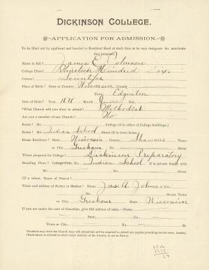 Application for Admission to Dickinson College--James E. Johnson paper with heading "Dickinson College Application for Admission"
