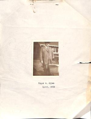 photograph of man in suit and hat, captioned "Edgar A. Allen April, 1923"