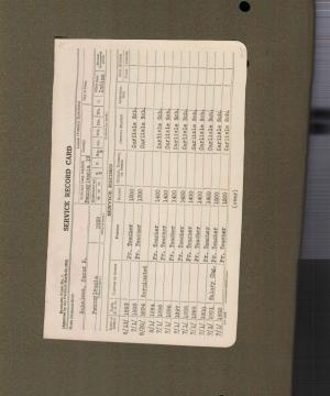 white index card with details of employment typed in a table