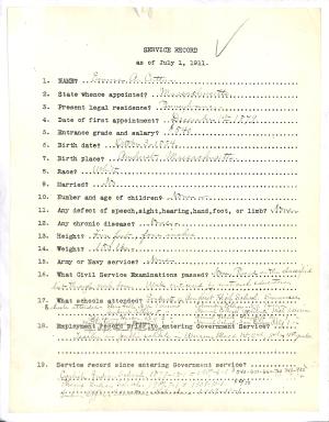 type-written survey with hand-written answers, titled "Service Record as of July 1, 1911"