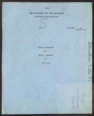 Personnel Folder of Lida M. Johnston blue page with text "Status of Employes, Lida M. Johnston of New York"
