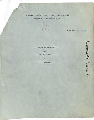 blue paper with title "Status of Employes, Emma C. Lovewell of Virginia"