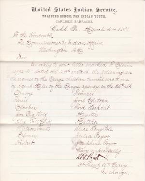 Names of Osage Children Sent to Carlisle in February 1881