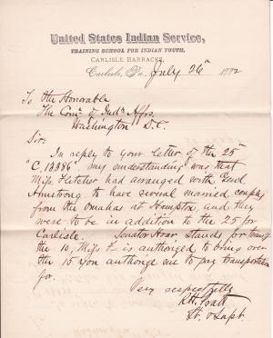 Reply to Office Letter Concerning Omaha Delegation in 1882