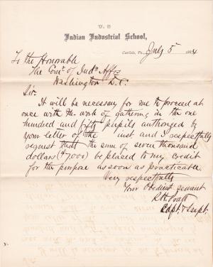 Request for Funds to Gather Students for the Carlisle Indian School