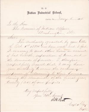 Request to Return an Additional 20 Students to Their Homes in 1885