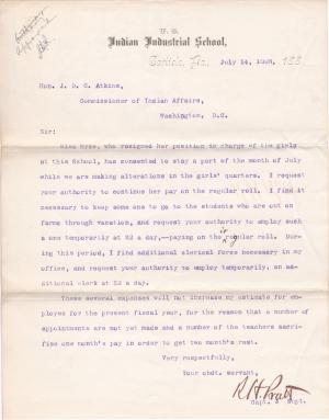 Pratt Requests Authority to Pay Temporary Help Over the 1886 Summer