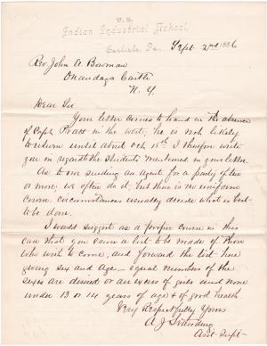 Request to Enroll Onondaga Students at Carlisle in 1886