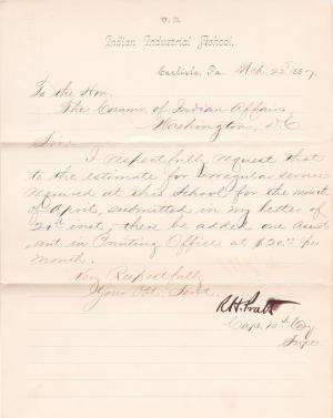 Request to Add Printing Assistant to Estimate of Irregular Service for April 1887