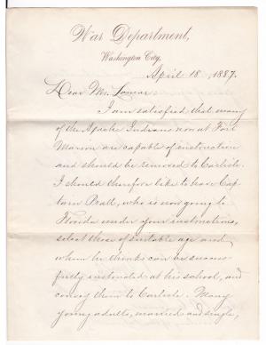 War Department Memo Regarding Transfer of Apaches from Fort Marion to Carlisle