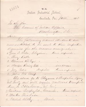 List of Students to be Returned to their Homes for June 1888