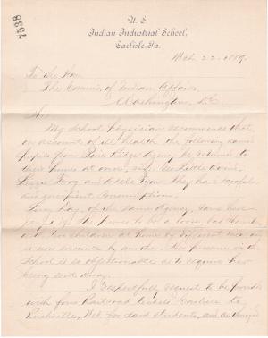 Request to Return Four Students from Pine Ridge to Their Home in 1889