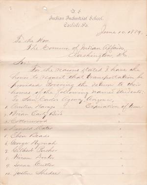 List of Students to be Returned to their Homes for June 1889