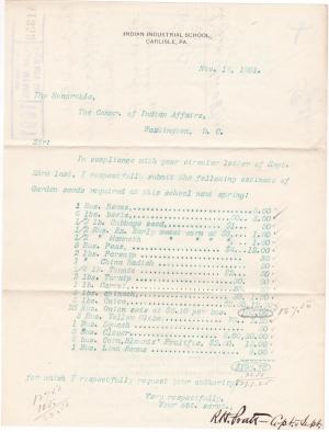 Request to Purchase Seeds for the Carlisle Indian School