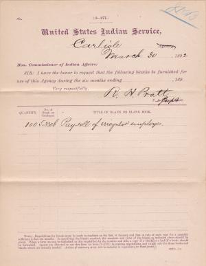 Requisition for Blanks and Blank Books, March 1892