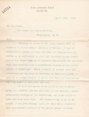 Pratt Responds to Department Plan for Chicago Exhibit in 1893