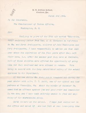 Pratt Replies to Request for William and Sarah Archiquette in 1893