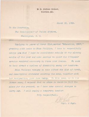 Resignation of Mary E. B. Phillips and Consolidation of Schoolrooms