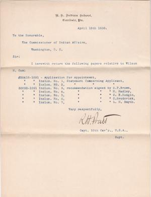 Pratt Returns Papers Associated with Application of Wilson H. Cox