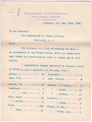 Request to Convene Board of Survey in January 1894