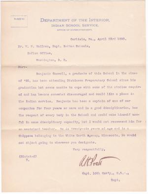 Benjamin Caswell Requests Position in the Indian Service