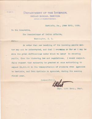 Request to Spend Funds for Transport of Students to and from Carlisle in Fiscal Year 1896