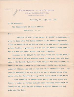 Pratt Responds to Request to Send Upshaw to Atlanta Exposition