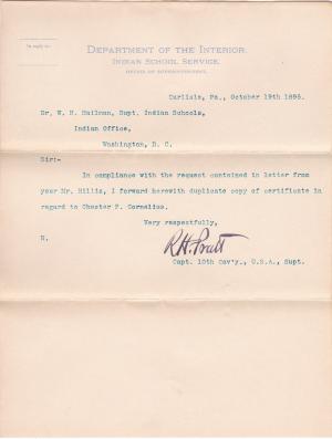 Forwards Copy of Certificate of Chester P. Cornelius
