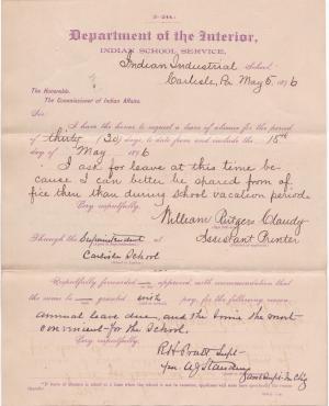 William Rutgers Claudy's Application for Annual Leave of Absence 