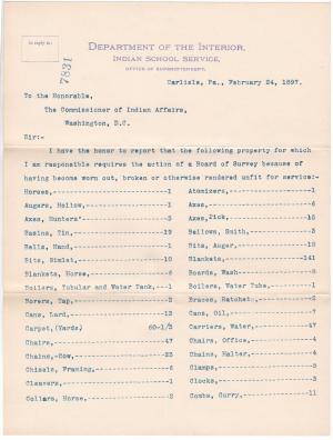 Request to Convene Board of Survey in February 1897