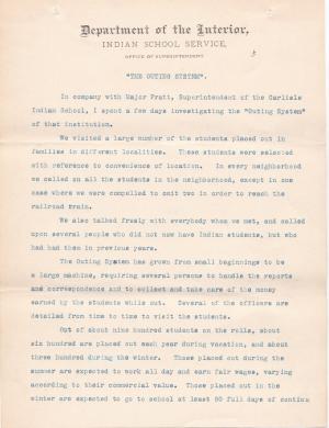 Report and Recommendations on the Carlisle Indian School and Outing System