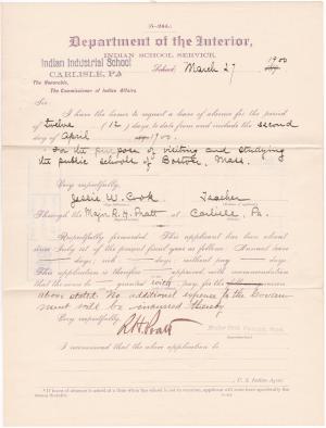 Jessie W. Cook's Application for Leave of Absence 