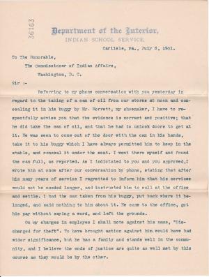 Dismissal of W. H. Morrett from the Carlisle Indian School