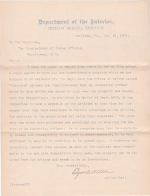 Allen Requests Inspector Visit to Dispose of Worn Out Property in November 1901